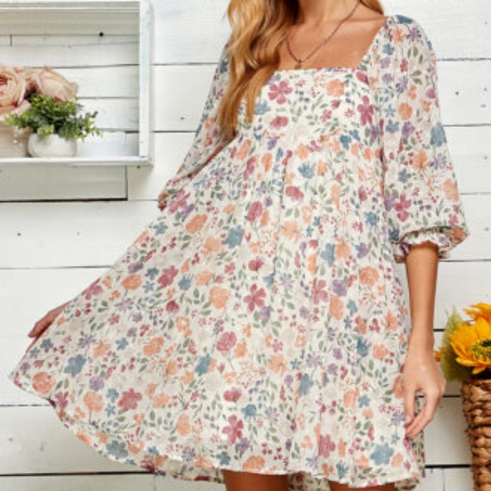 NEW Sweet Lemon Cream Metallic Floral Print Square Neck Babydoll Dress P2482